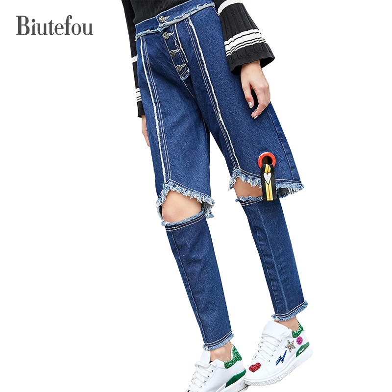 2018 New arrival spring women hole patchwork denim pants fashion lace