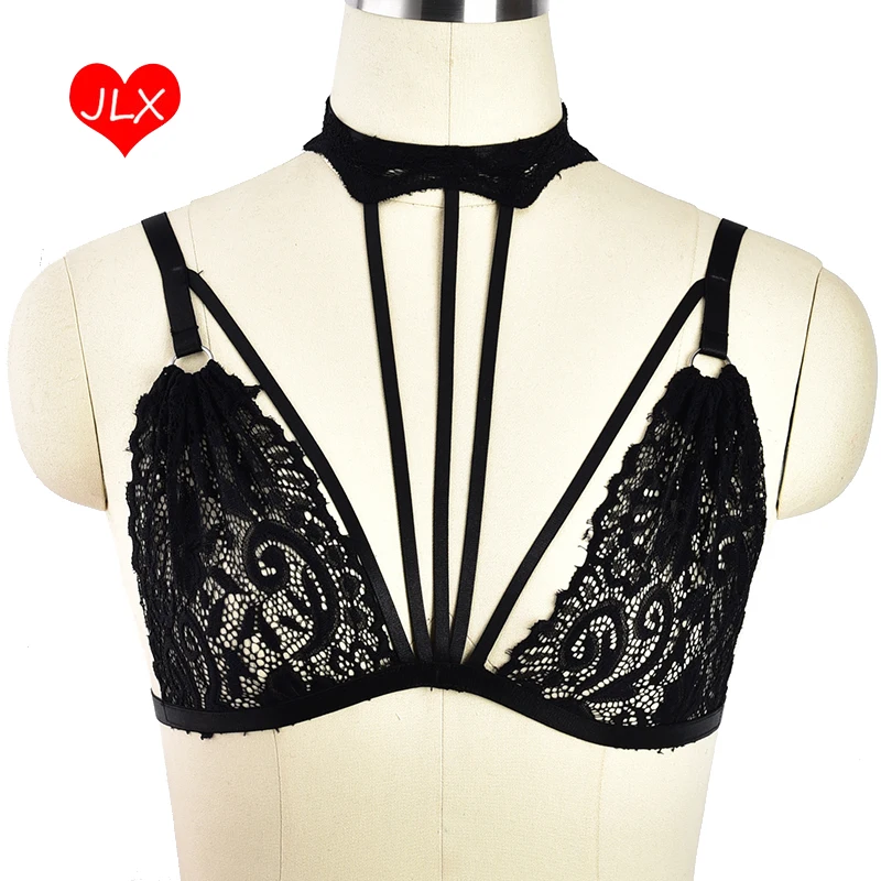 

Black Lace Body Harness Straps Lingerie Harajuku Goth Fetish Open Bra Bondage Pole Dance Halloween Rave Tops Harness belt