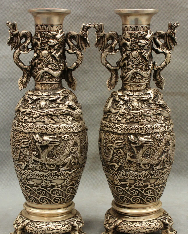 

song voge gem S4279 12" China Dynasty Palace Silver Nine Dragons Statue Flower Bottle Vase Pot Pair