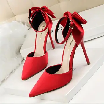 

Korean version of the pointed satin hollow high heel sandals female stiletto with a baotou bow red girl shoes 34-43 yards
