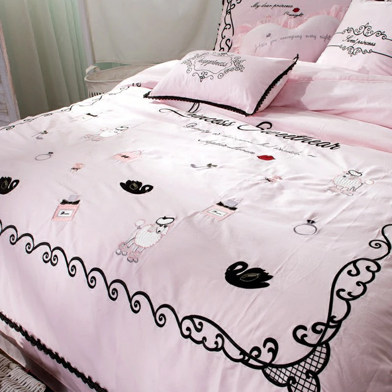 Best Room Decoration Cotton Bedding Sets Luxury Black Lace Princess Printing King Queen Size (Duvet Cover+Bed Flat Sheet+Pillow Case)