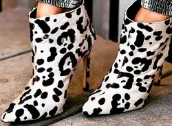 Новое поступление, черные, белые, леопардовые ботильоны на высоком каблуке, с острым носком, с конским волосом, короткие ботинки для женщин