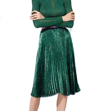 Осень, женские юбки с золотыми блестками, винтажные зеленые юбки средней длины, женская элегантная плиссированная юбка в стиле ретро