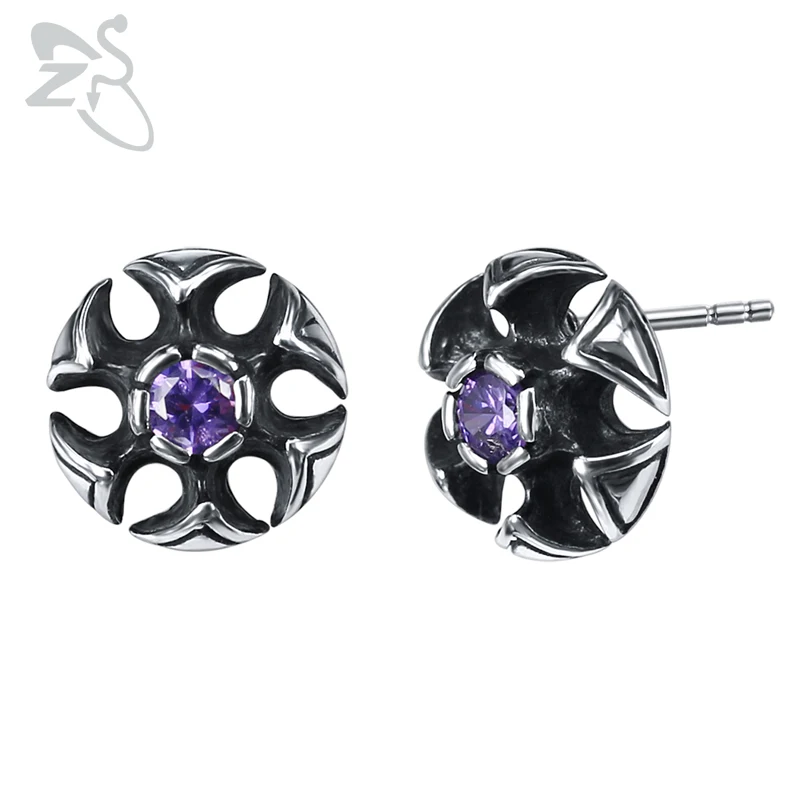 ZS готический Цветок серьги-гвоздики с фиолетовым цирконием 1 пара хип-хоп серьги 316L нержавеющая сталь ювелирные изделия для мужчин и женщин серьги