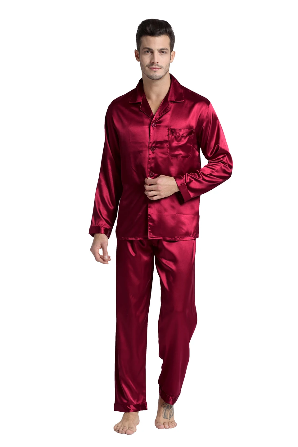 Men's Modern Stain Silk Sleepwear Pajamas Model Red