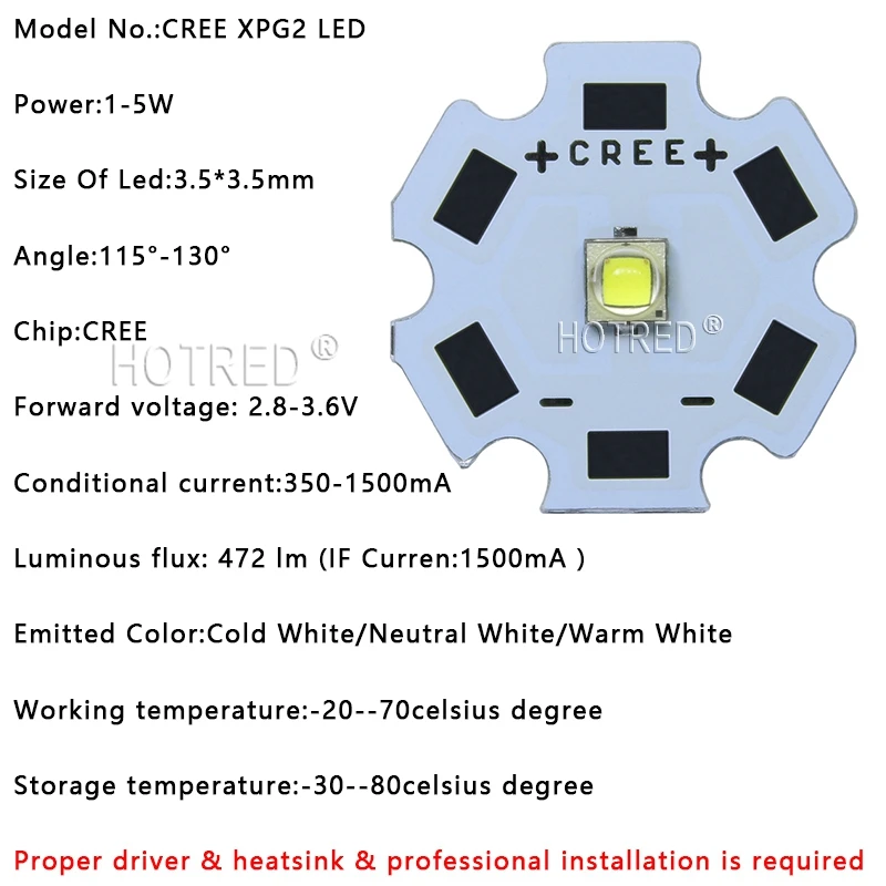 10 шт Cree XPG2 светодиодный XP-G2, для детей от 1 года до 5 лет W светодиодный эмиттер холодный белый 6000-6500K с 20/16/14/12/8 мм печатной платы для фонарик/прожектор/лампа