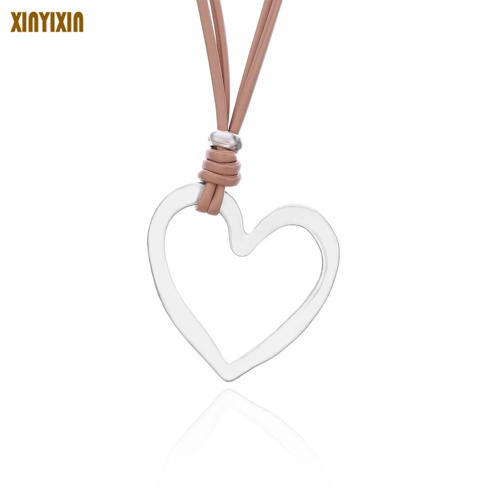 

Simple Big Silver Heart Pendant Necklace for Women Long Pink Leather Chain Vintage Necklace Fashion Jewelry Valentine's Day Gift