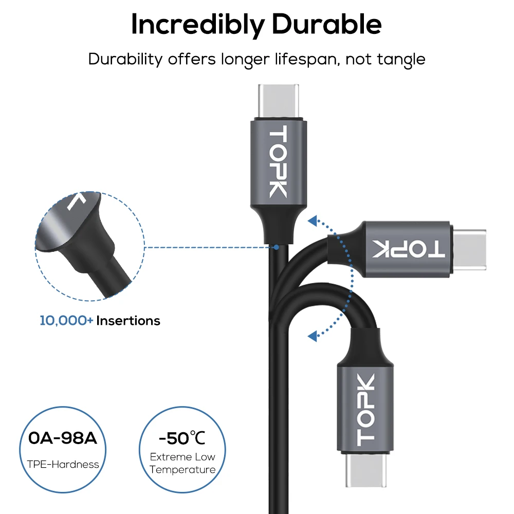 TOPK D-Line2 кабель usb type C, отображение напряжения и тока type-C кабель для быстрой зарядки и синхронизации данных USB-C для Xiaomi A1 samsung S9