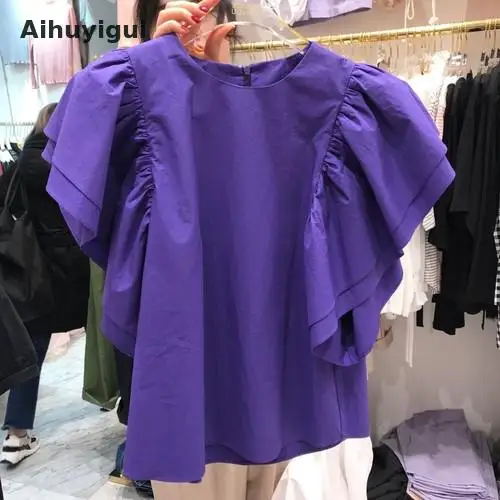 

Aihuyigui 2019 Summer And Autumn New Fashion Sweet Ruffled Stitching Short-sleeved T-shirt Mujer Va003
