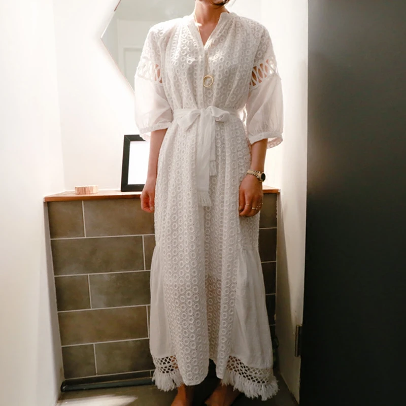 

2017 New Summer Long Women Dress Solid Color Hollow Lace Women Dress Chiffon V-neck Dress Cotton Loose for Women Dresses