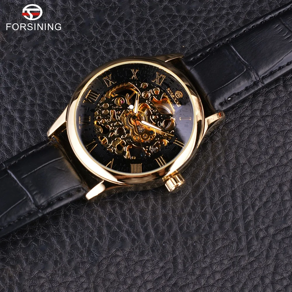 Forsining Retro Classic Design Roman Number Display Transparent Case Mechanical Skeleton Watch Men Watch Top Brand Luxury Clcok