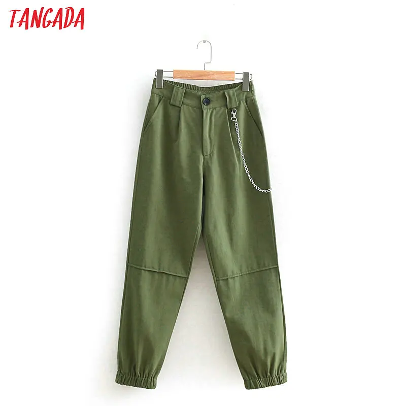 

Tangada women green cargo pants crop zipper stretch waist pants casual japanese fashion chain street wear trousers mujer 2W50