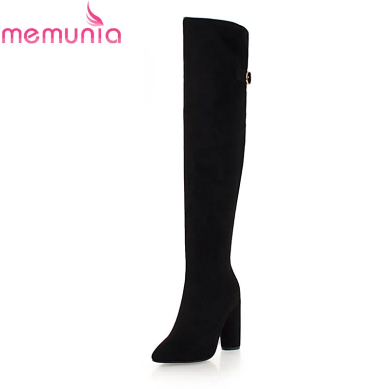 

MEMUNIA 2020 new arrival thigh high boots solid pointed toe thick high heels boots flock zip over the knee boots for women