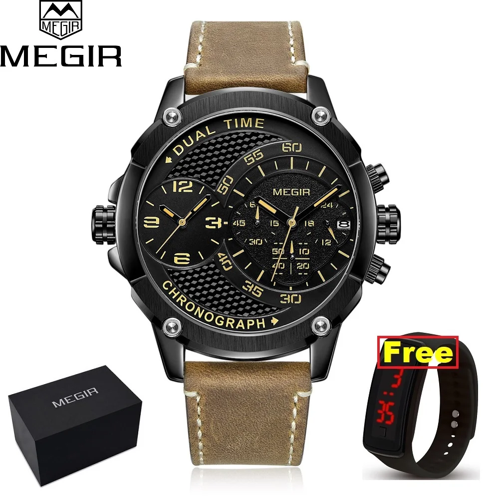 

MEGIR Chronograph Sport Quartz Watch Men Dual Time Zone Men Wrist Watches Creative Leather Army Military Wristwatches Clock Hour