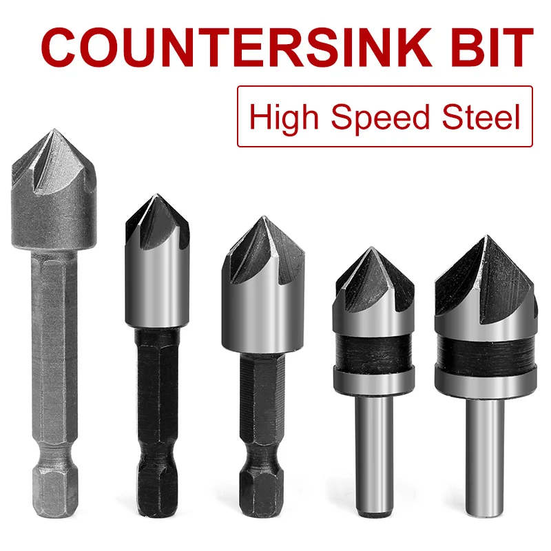 5pc Industrial Countersink Drill Bit Set 5 Flutes Counter Sink