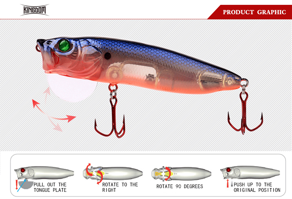 Kingdom Fishing Lures Hard Bait Topwater Popper Switchable Tongue Plate 70mm 9.5g 90mm 16g 110mm 33g Artificial Baits Model 5367 (1)