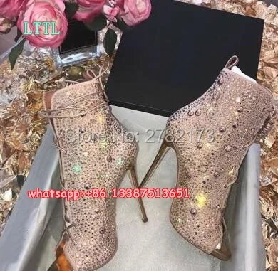 Hot Sale Women Peep Toe Stiletto Rhinestone Lady Party Dress High Heels Pumps Shoes Cut-outs Crystal Ankle Booties Sandal Boots
