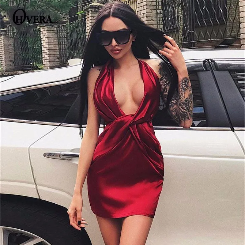 

Ohvera Silk Wrap Bandage Dress Women Satin Backless Sexy Bodycon Dress Elegant Mini Club Party Dresses Summer 2018 Vestidos