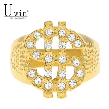 

UWIN Stainless Steel Gold Color Dollar Sign Ring Hip Hop Rock Punk Lced Out Bling Zircon Rhinestone Men Rings Fashion Jewelry