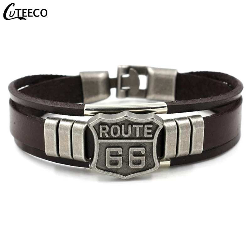 CUTEECO горячая распродажа мужская в стиле "панк" Route 66 знак кожаный браслет Balck манжеты браслеты мужские модные ювелирные изделия
