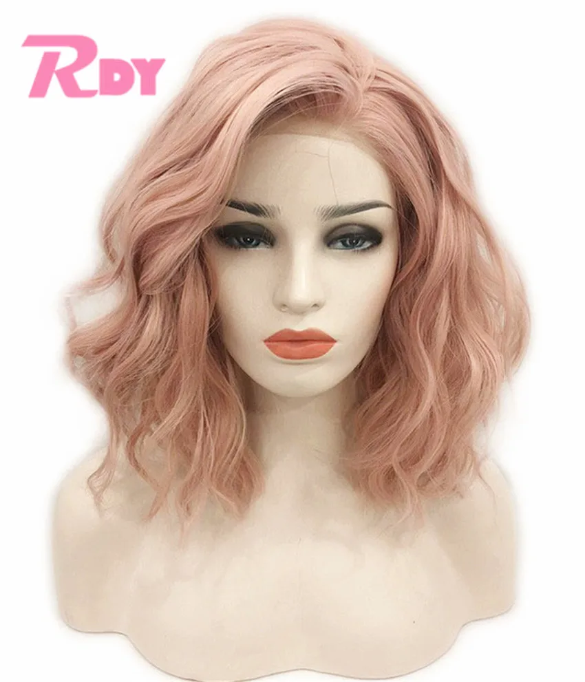 

RONGDUOYI 12Inch Short Synthetic Lace Front Wigs for Women Orange Pink Natural Wave Bob Wig with Side Part