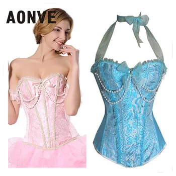 

AONVE Women Corsets Bustiers Halter Overbust Bustier Corset Sexy Gothic Dress Straitjacket Waste Trainer Blue Corselet Bodice