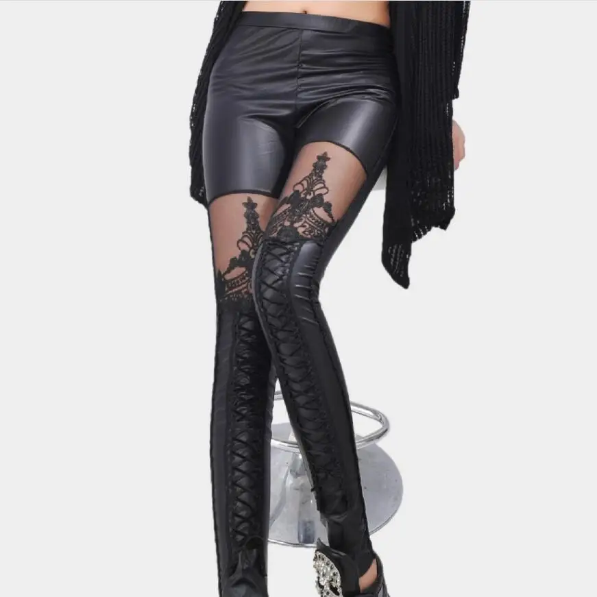 

Black Legins Punk Gothic Fashion Women Leggings Sexy PU Leather Stitching Embroidery Hollow Lace Legging For Women Leggins 5