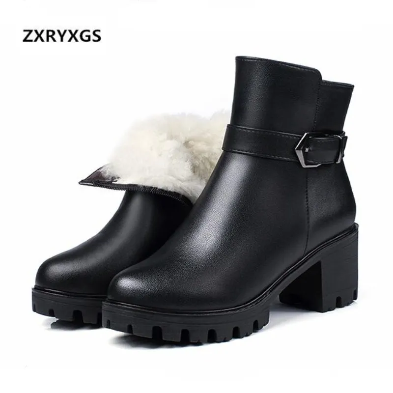 

ZXRYXGS Brand Boots Plus Size Non-slip Thick Heel Shoes Woman Boots 2018 New Winter Cowhide Warm Plush and Wool Boots Snow Boots