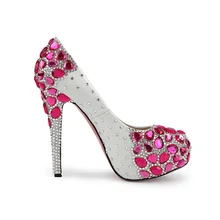 Новые свадебные туфли со стразами на очень высоком каблуке; женские модные тонкие туфли на платформе с розовым и красным бриллиантами; свадебные туфли-лодочки для банкета