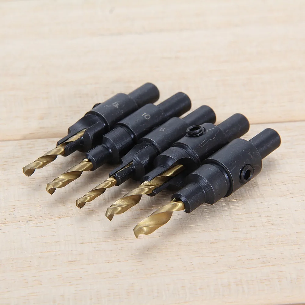 5pcs Hss Woodworking Ti Countersink Drill Bit Set Wood Countersinks Screw Size #6 #8 #10 #12 #14 High Quality Hot Sale