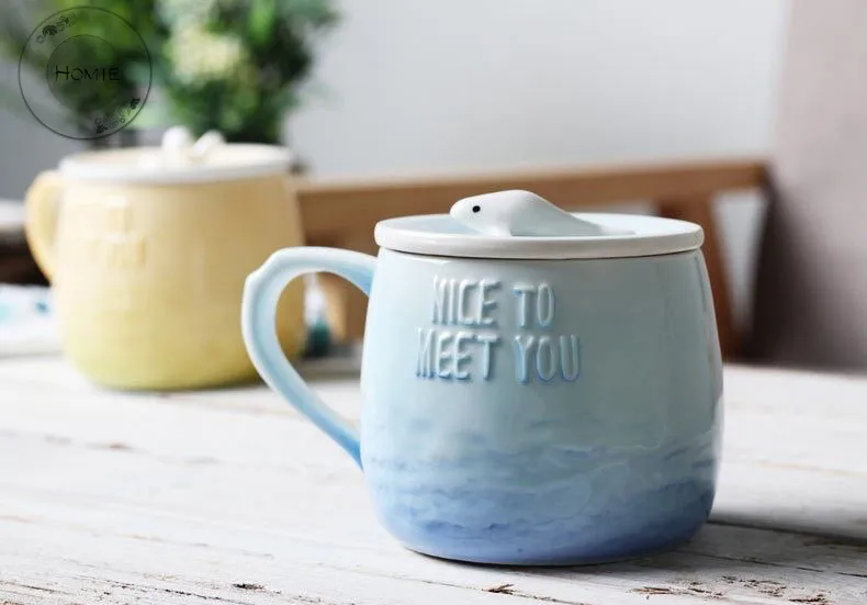 HOMIE lovely Gradient animal Cup Coffee Mug Large 300ml Whale With lid Mugs creative Drinkware Tea milk Cup Novelty Newlywed couple5