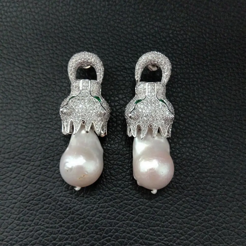 Белые серьги с жемчугом Кеши, белые Позолоченные серьги-гвоздики с фианитами дракона