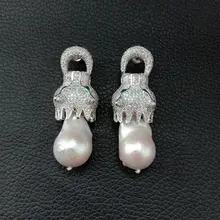 Белые серьги с жемчугом Кеши, белые Позолоченные серьги-гвоздики с фианитами дракона