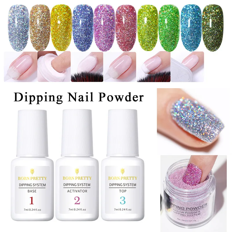 

BORN PRETTY Holographic Dipping Nail Powder Glitter Without Lamp Dip Nail Powder Base Top Activator Nail Kit Nail Art Decoration