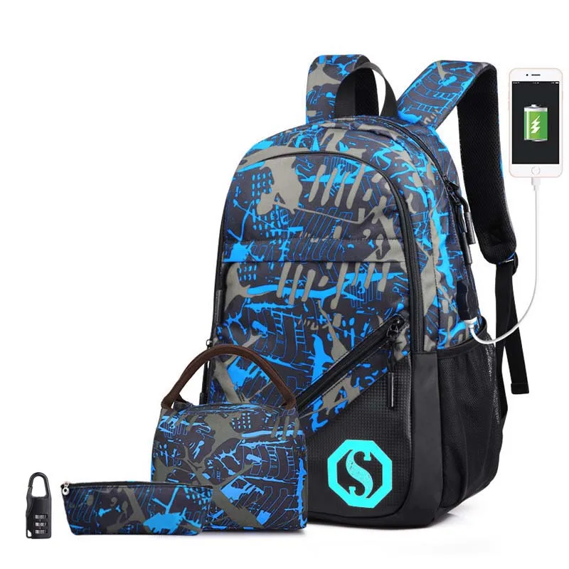 4pcs Set Camouflage School Backpack for Boys Teens Bookbag Travel Daypack Kids Girls Children