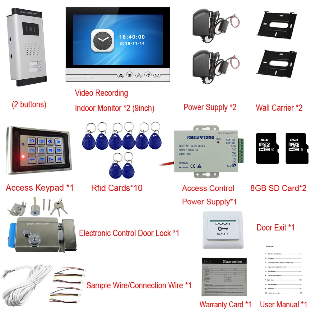 Видеодомофон 2 единицы 1" цветной внутренний монитор домофон с замком+ система контроля доступа Rifd пароль разблокировка видеофон комплект