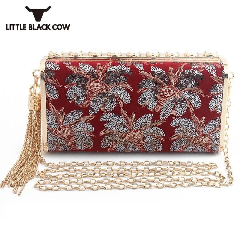 

Women Evening Bags Designer Flower Party Wedding Chain Mini Bag Clutch Sequins Pearl Tassel Shoulder Crossbody Bags 6 Colors