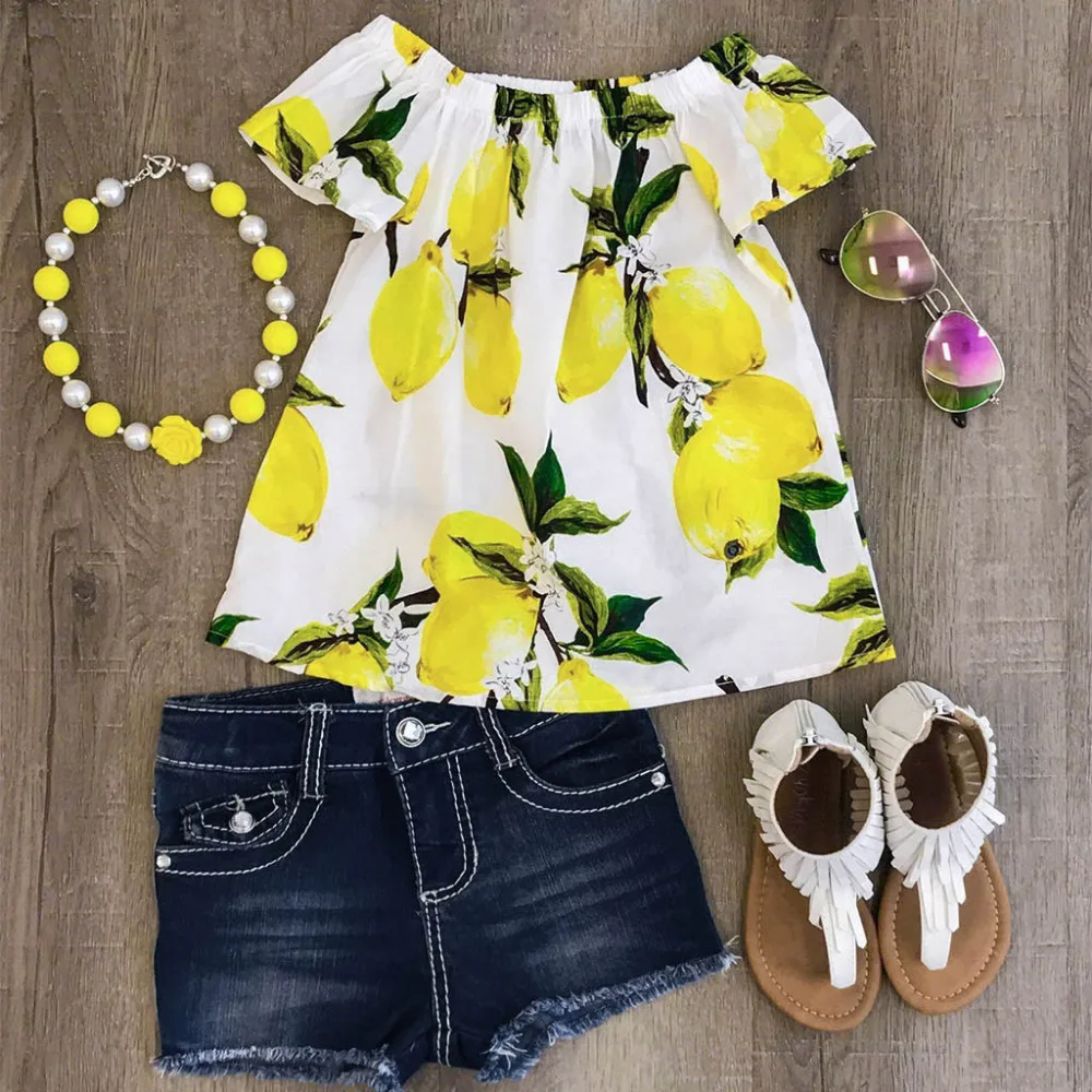 

New Fashion Summer Childern Sets Toddler Baby Girls Fruits Lemon Print Ruffle Tops+Hole Denim Jean Shorts Outfits Girl Clothes