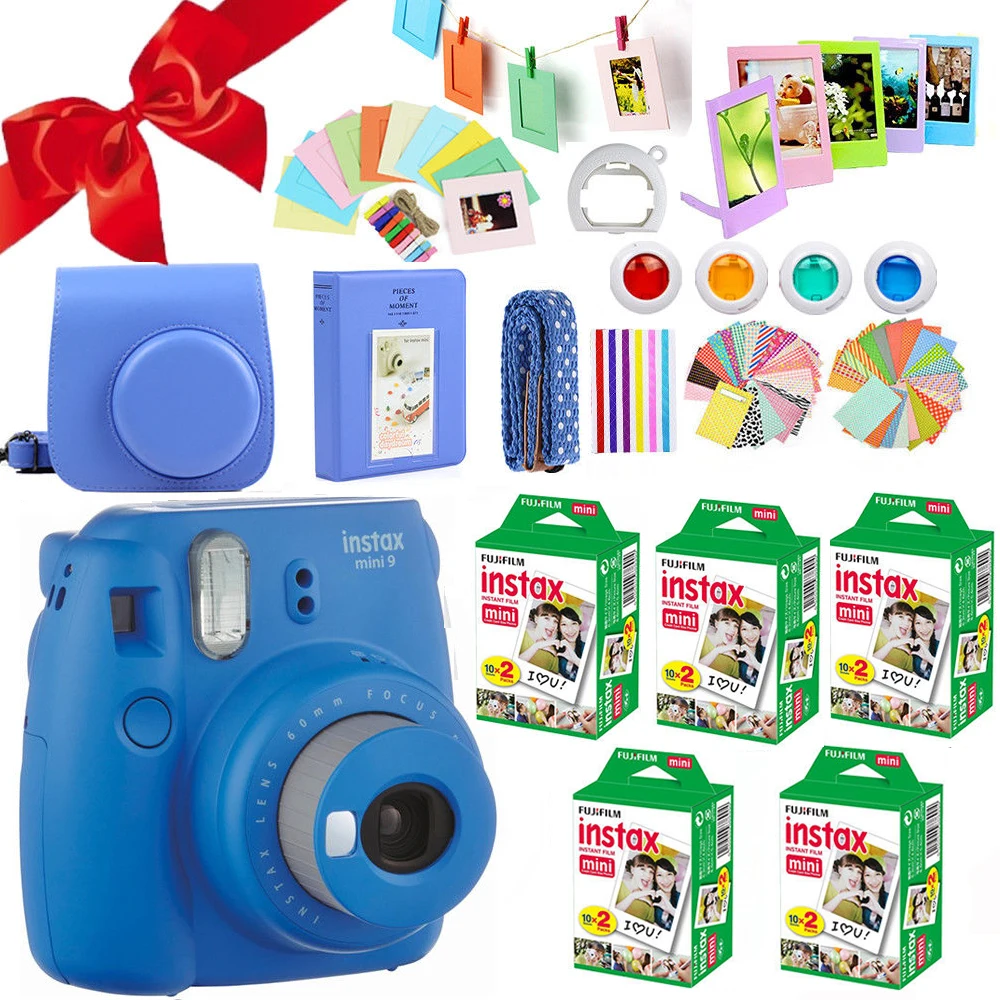 Fujifilm Instax Mini 9 пленка Камера кобальт синий+ 100 снимков камеры Fuji Instant Mini 8 белый фото+ сумка+ альбом+ 10-в-1