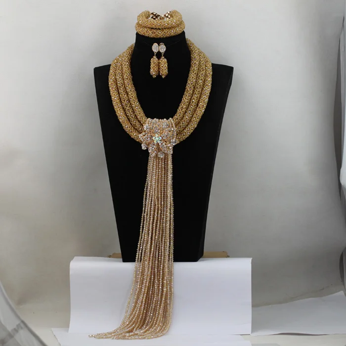 Дизайн нигерийский великолепный Шампанское Кристалл Африканский Свадебный/женское ожерелье бижутерия с бусинками Набор ANJ271 - Окраска металла: l