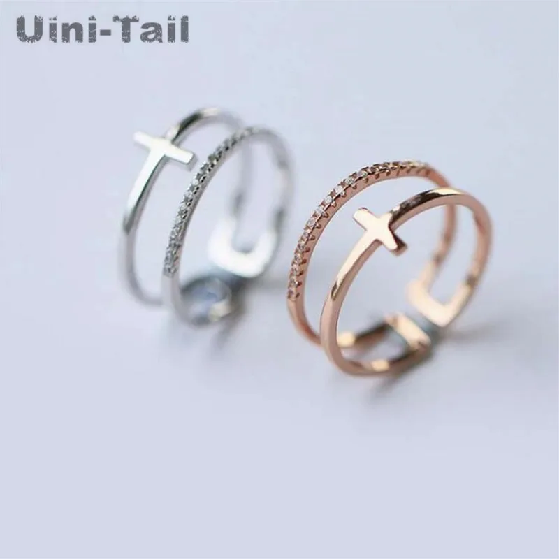 

Uini-Tail hot new925 sterling silver double cross opening ring female tide person adjustable size does not fade multi-layer ring