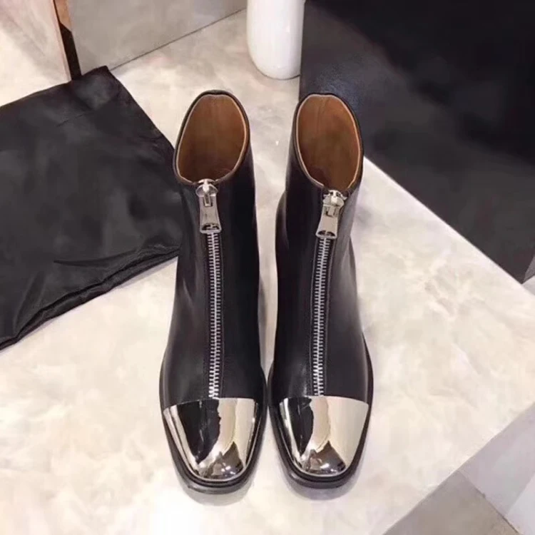 

Black Color Women Boots Front Zipper Women Shoes Funky High Heels Zapatos Mujer Brand Design Metal Round Toe Chic Short Booties