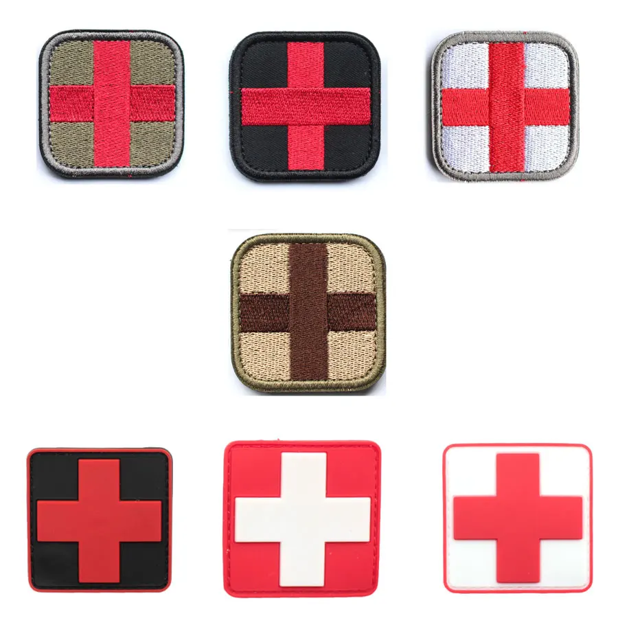 2PCS Outdoor Survival First Aid PVC Red Cross Hook Loop Fastener Badge Patch