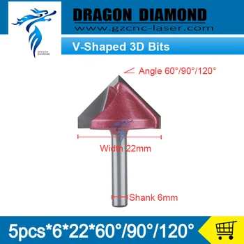 

5pcs 6*22mm*60/90/120 Degree 3D V-Shaped Bits Solid Carbide CNC Router Bits Engraving Machine Tool V Groove wood cutter