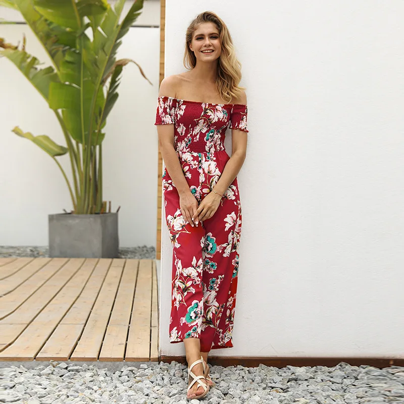 Beach Chiffon Off Shoulder Jumpsuit Floral Print Boho