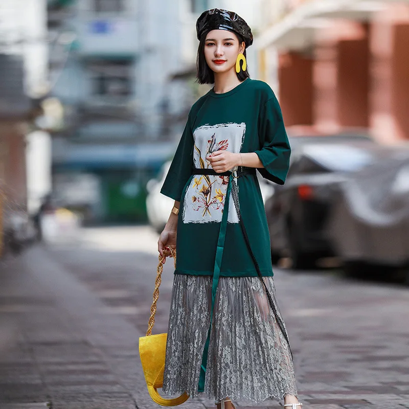 

women dress tshirt dress summer dress mesh dress Patchwork lace bottom
