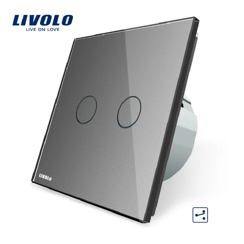 gray Livolo EU Стандартный сенсорный переключатель, 2 банды 2 способа управления, Хрустальная стеклянная панель, настенный выключатель света, 220 В 250 В, VL-C702S-11 для умного дома - Цвет: gray