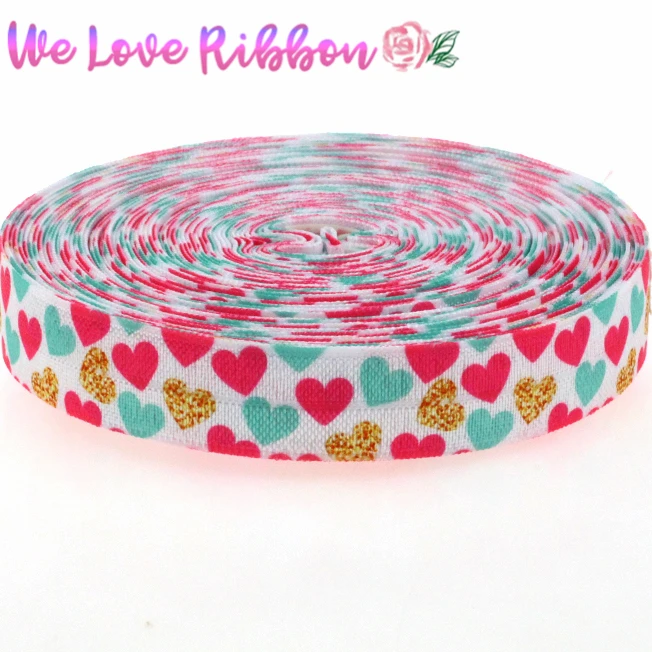 

5/8"16mm Sweet Heart Patterns Printed Fold Over Elastic Ribbon DIY Valentine's Day Hair Tie Making 10yards/roll MD161011-25-5536