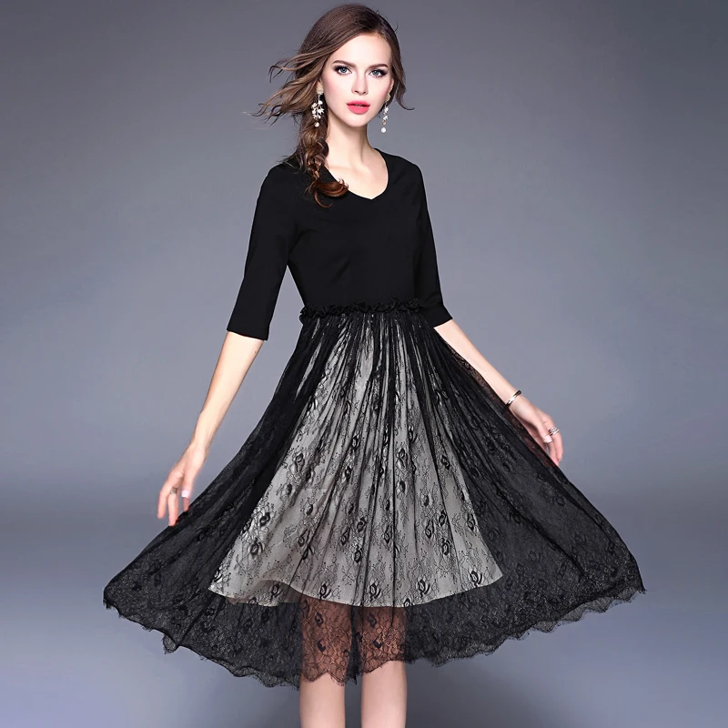 Spring Summer Dress Fake Two Pieces Black V neck Vintage Lace Floral Three Quarter Sleeve Dress ...