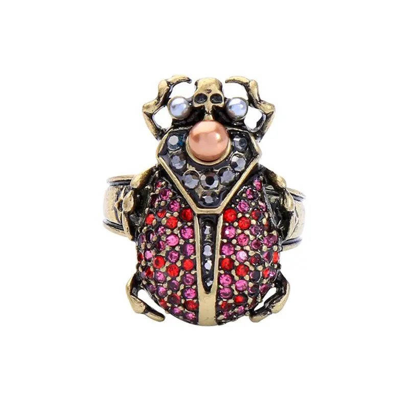 

Retro Women Rings Artificial Diamond Pearl Beetle Modeling Personality Fashion Wild Insect Ring Jewelry Gifts